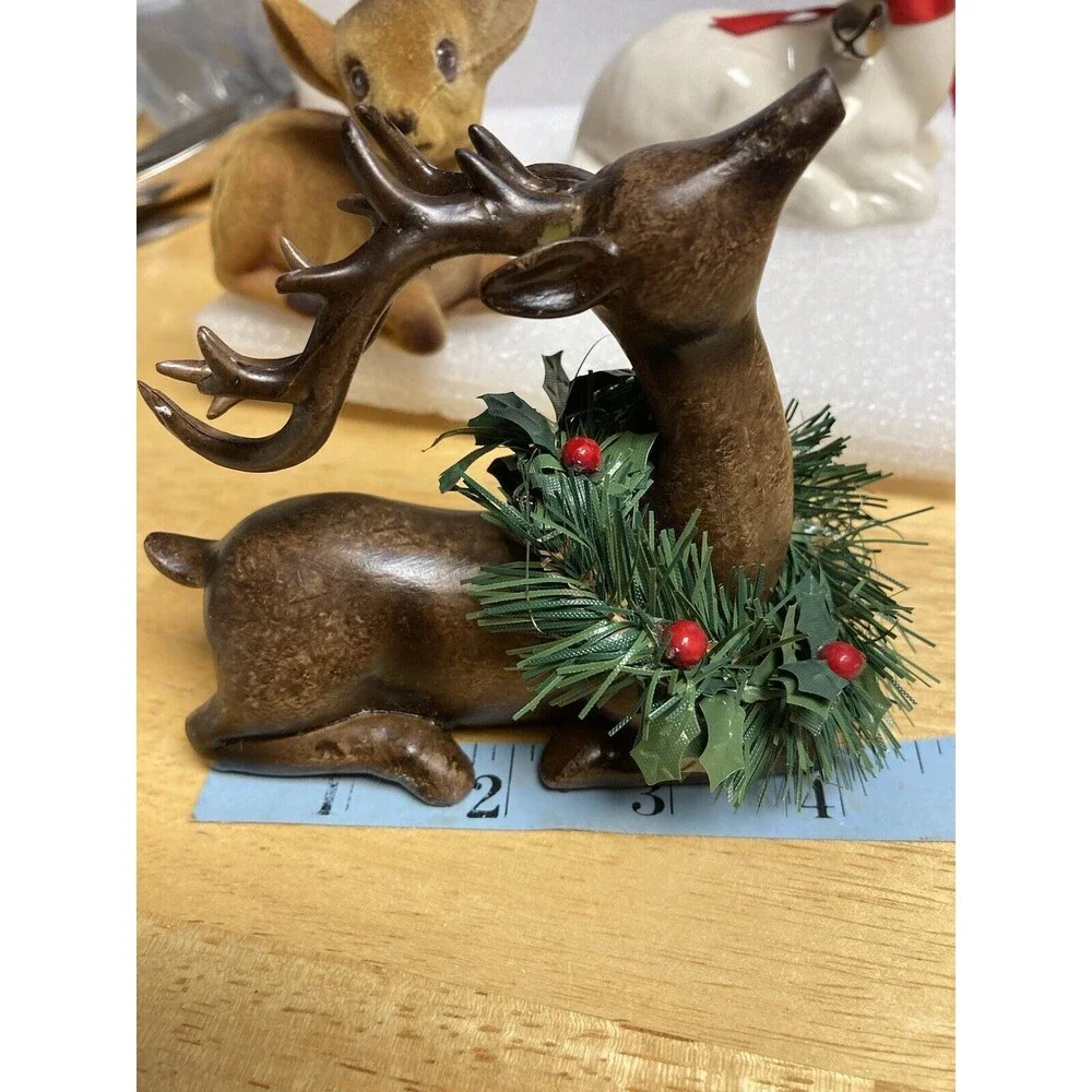 Vtg Lot 3 Deer Figurines Holiday Christmas Ceramic Wood Flocked Sitting Decor